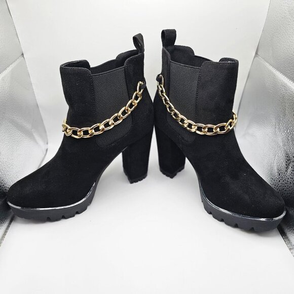 NWOB Women's Allegra K Platform Chain‎ Chunky High Heel Boots Black Size 8 - Picture 2 of 6